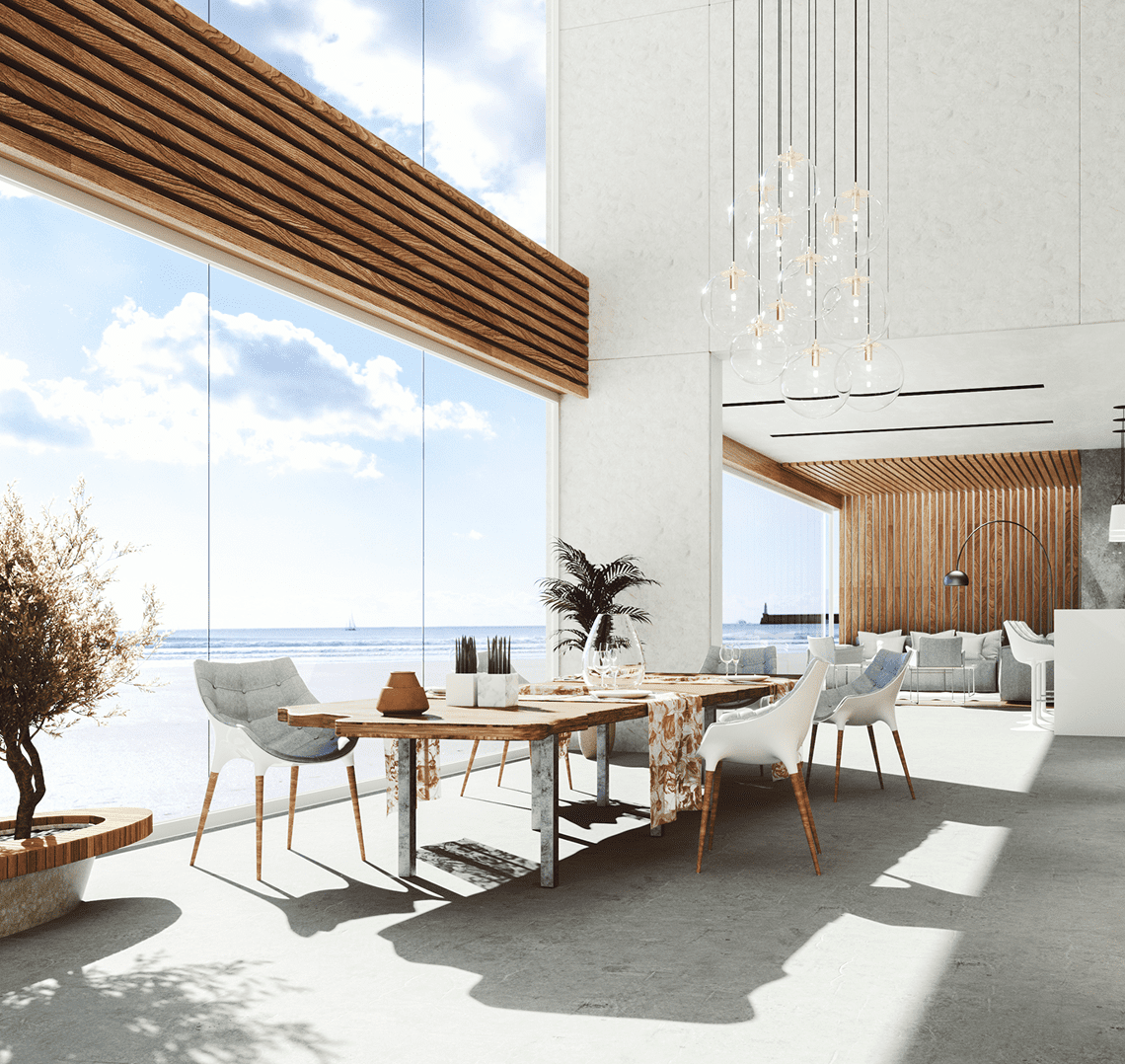 Modern dining room with ocean view