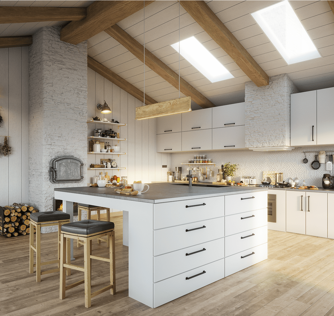 Modern rustic kitchen with skylights