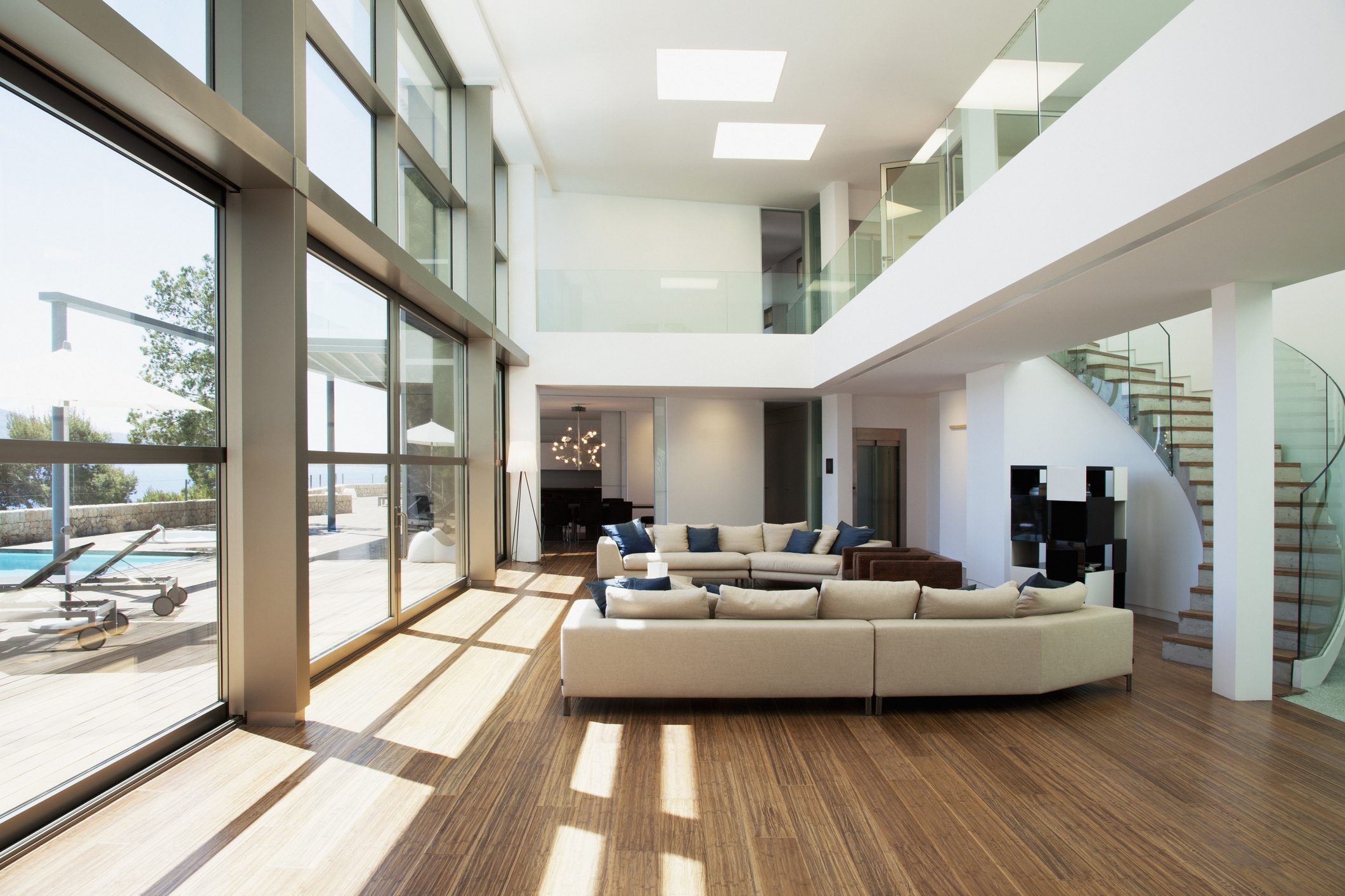 Modern living room with large windows