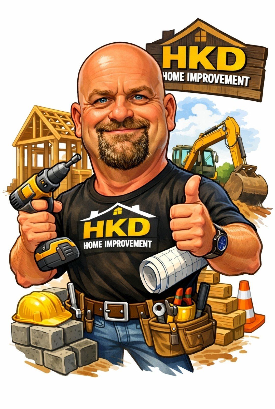 Smiling contractor mascot holding drill and blueprint